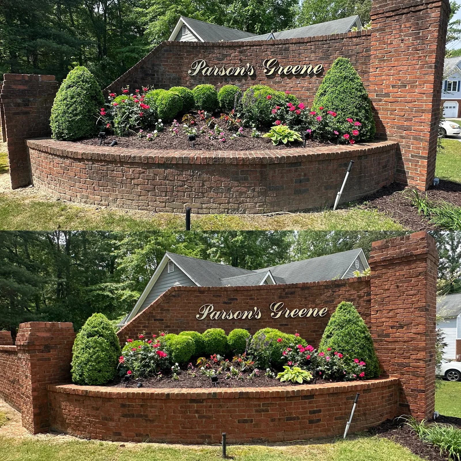 Brick front entrance dingy with dirt and mildew, then rich and clean after pressure washing