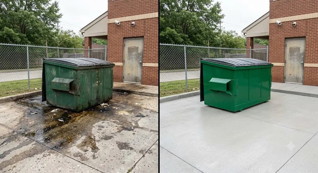 Concrete pad covered in dark grease stains, then degreased and clean
