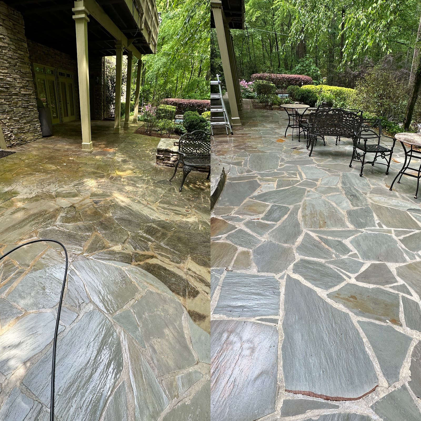 Flagstone patio dulled by algae and grime, then vivid and clean after washing