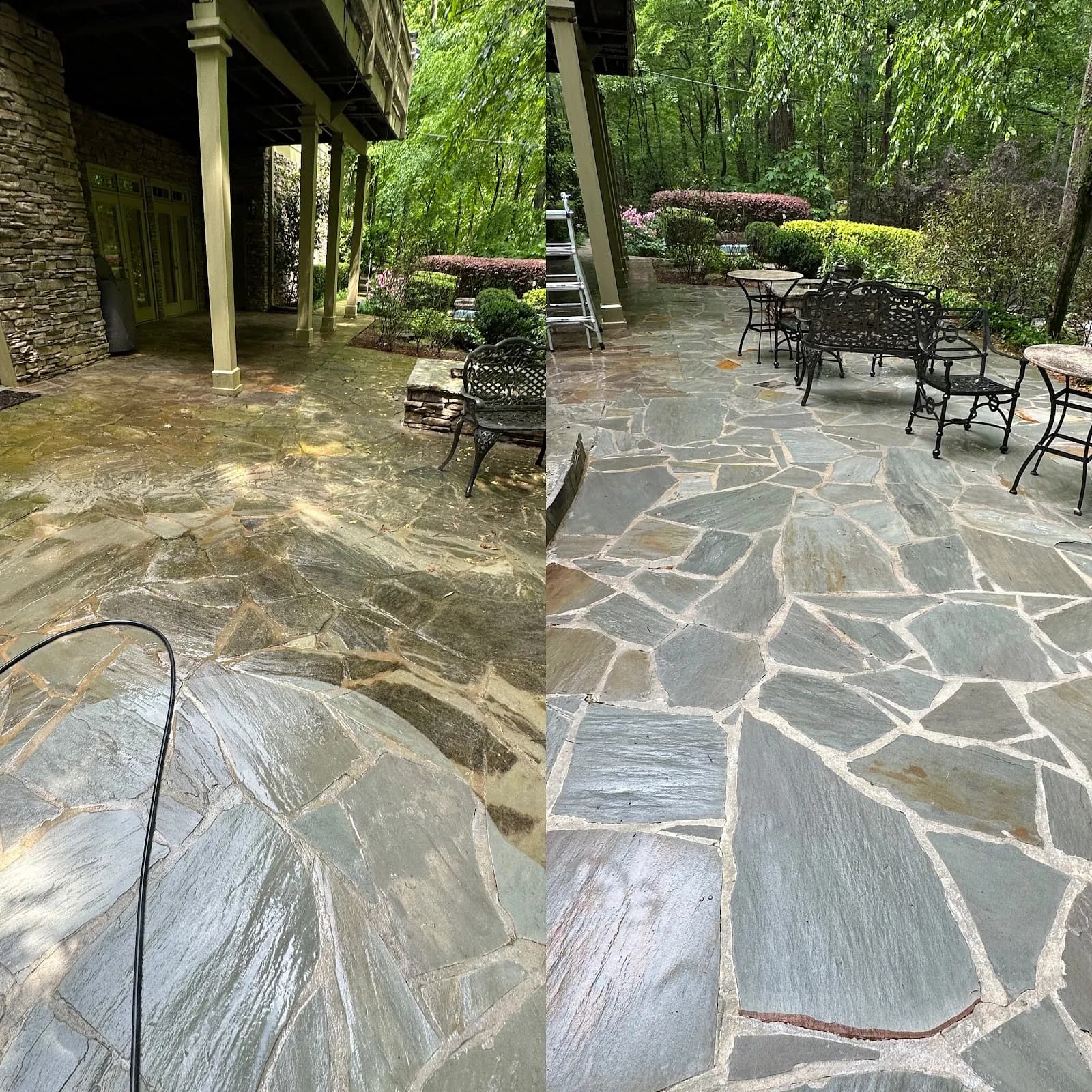 Flagstone patio dulled by algae and grime, then vivid and clean after washing