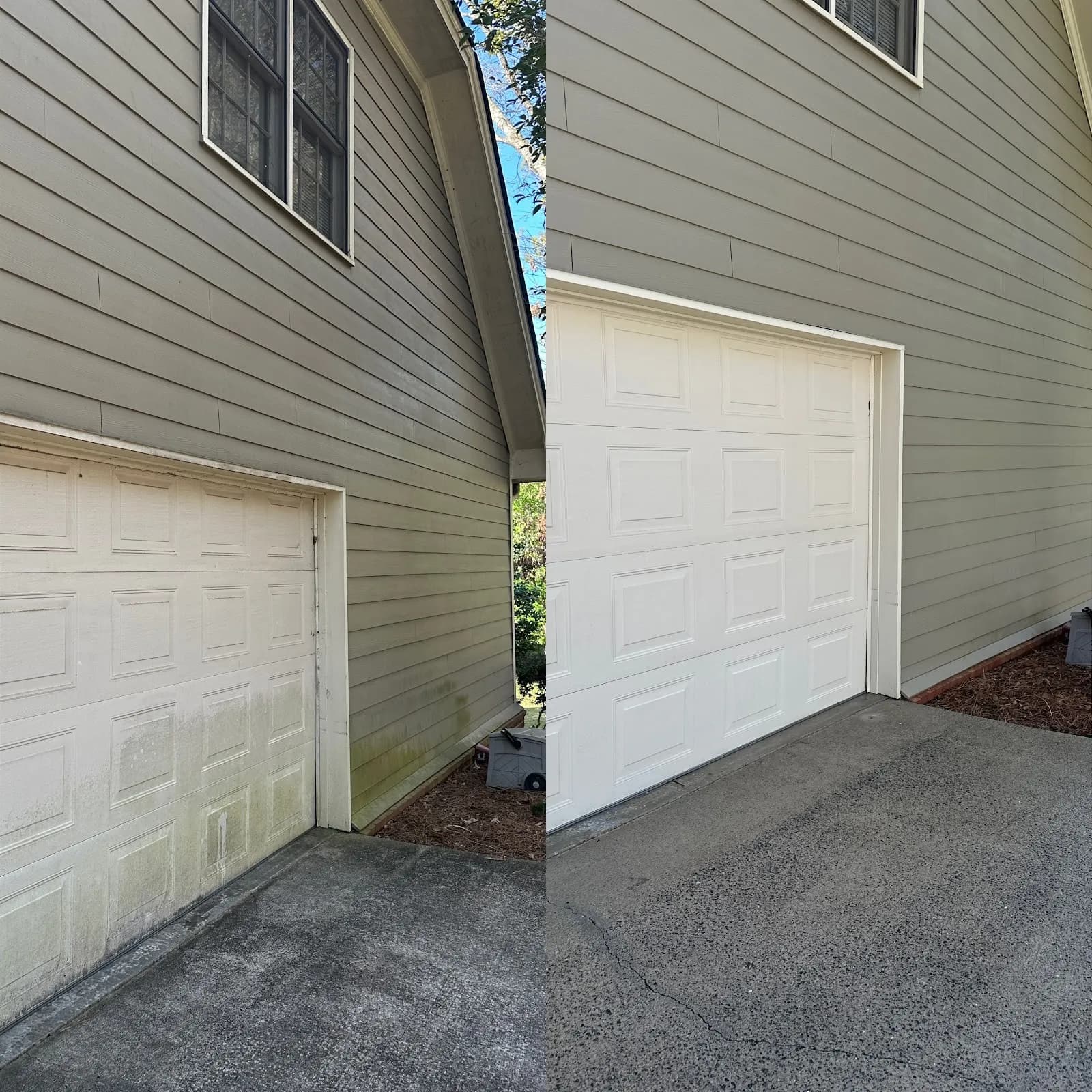 White garage door streaked green with algae, then spotless after a gentle soft wash