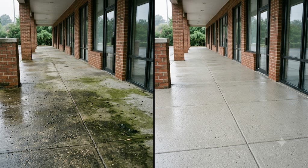 Storefront sidewalk dark with grime and gum spots, then bright uniform concrete after pressure washing