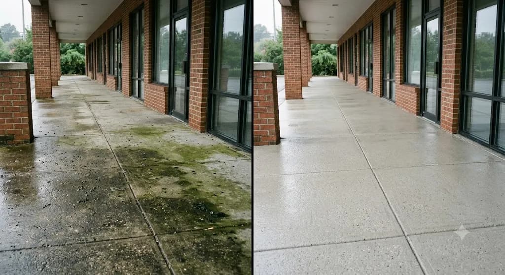 Storefront sidewalk dark with grime and gum spots, then bright uniform concrete after pressure washing