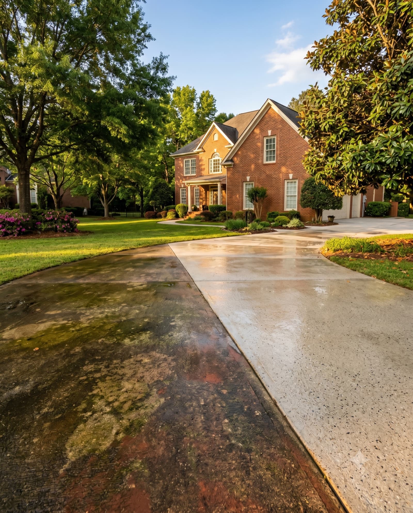Concrete driveway at a brick Georgia home, half dark with algae and red clay stains, half freshly pressure washed and bright