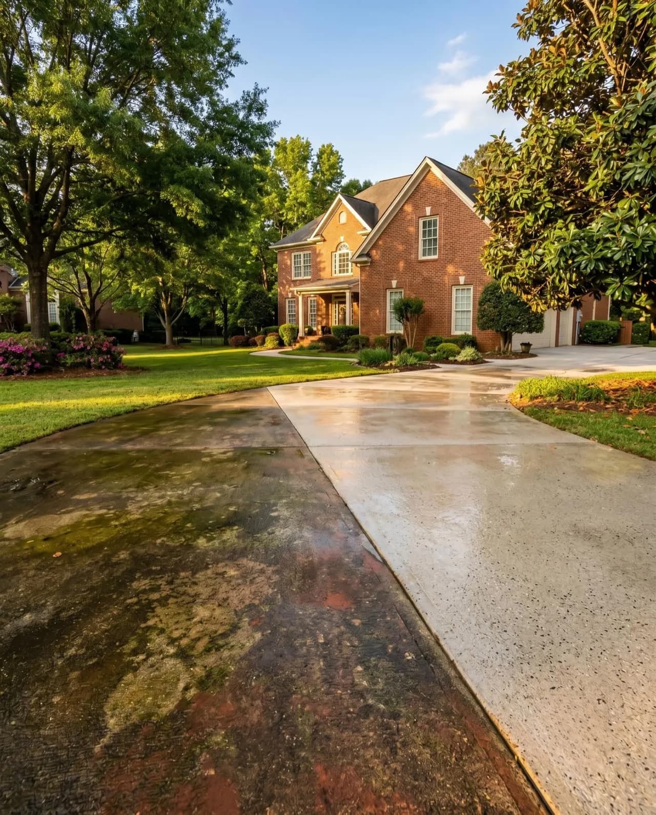Concrete driveway at a brick Georgia home, half dark with algae and red clay stains, half freshly pressure washed and bright