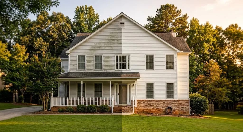 Two-story Georgia home with white siding, left half dingy with green algae and mildew, right half freshly soft washed and bright