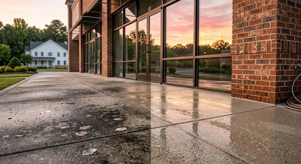 Brick shopping center storefront at dawn, sidewalk half dark with grime and gum, half freshly pressure washed and glistening