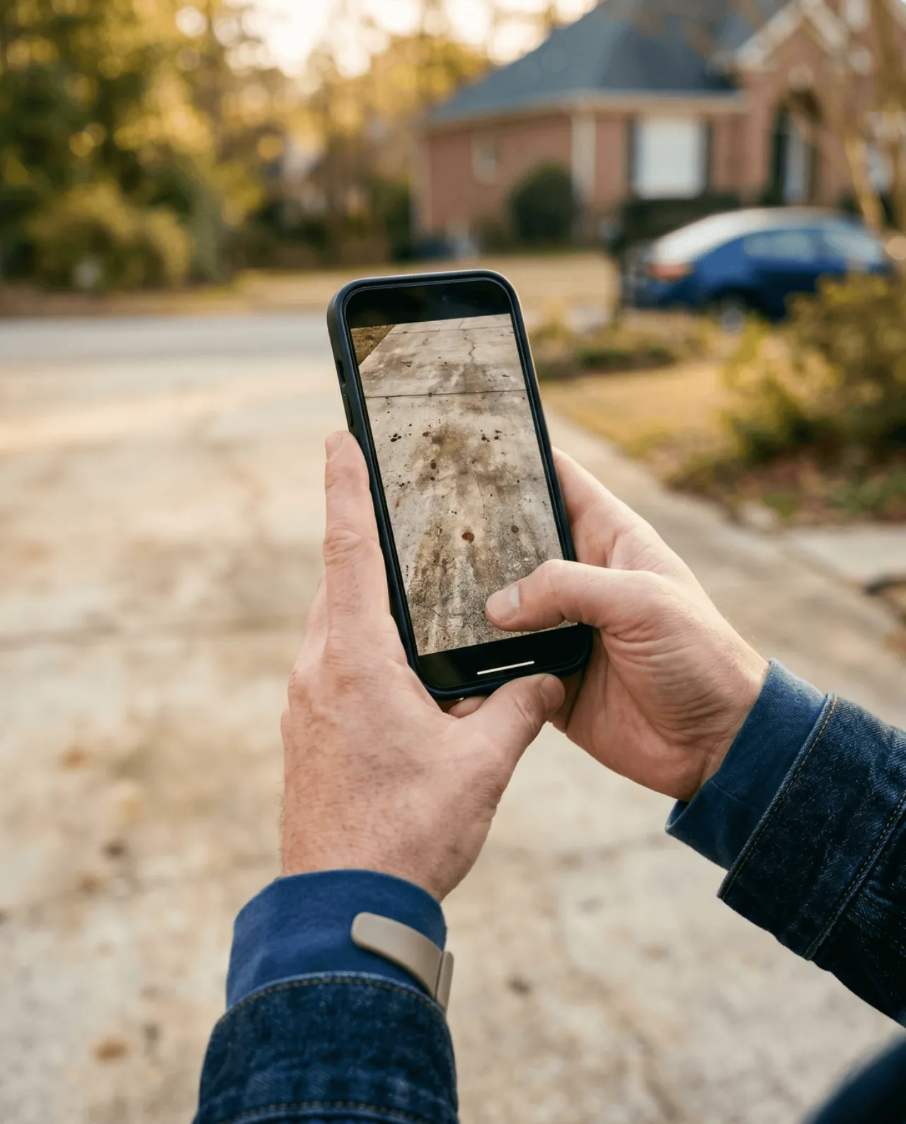 Homeowner snapping a phone photo of a stained concrete driveway to text in for a pressure washing quote