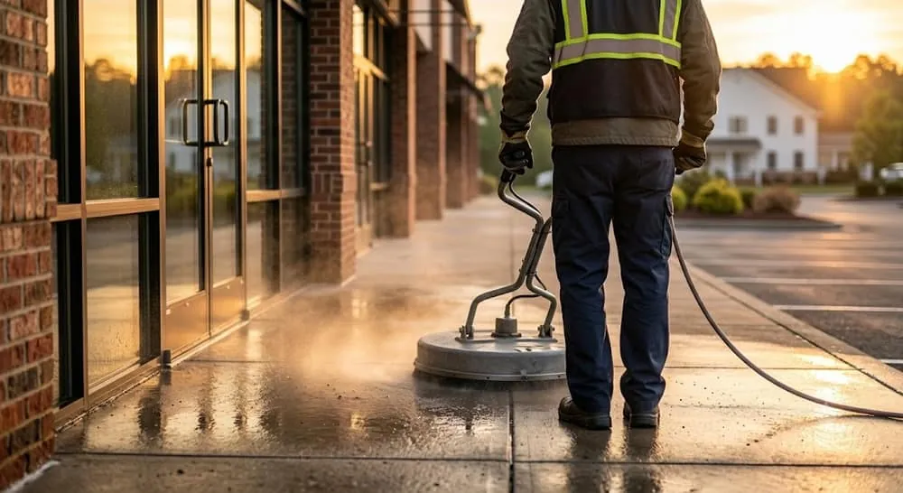 Technician guiding a surface cleaner across a storefront sidewalk at sunrise, before opening hours
