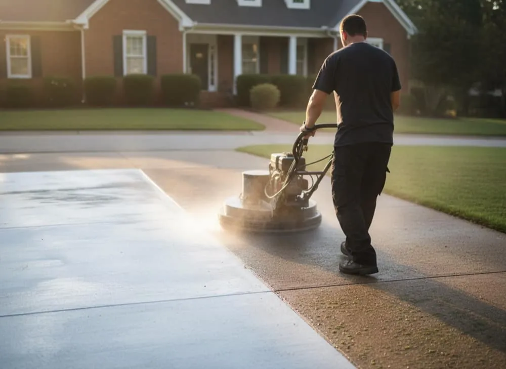 Surface cleaner lifting grime off a concrete driveway, half clean and half dirty — Marietta, GA