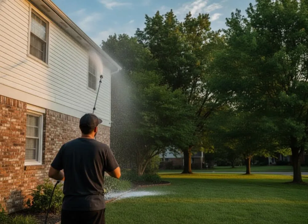 Technician soft washing home siding with a low-pressure wand — Marietta, GA